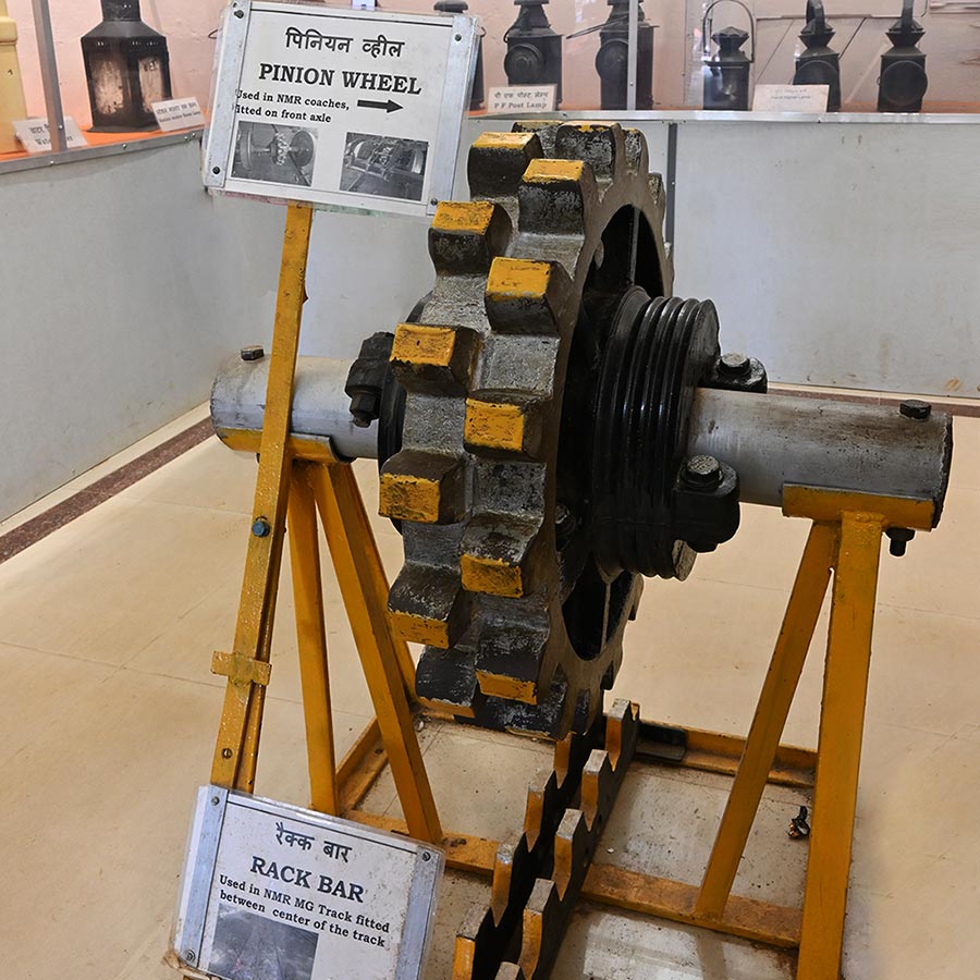 Rack-and-pinion pinion wheel and rack bar exhibit at the Nilgiri Mountain Railway heritage museum, Ooty